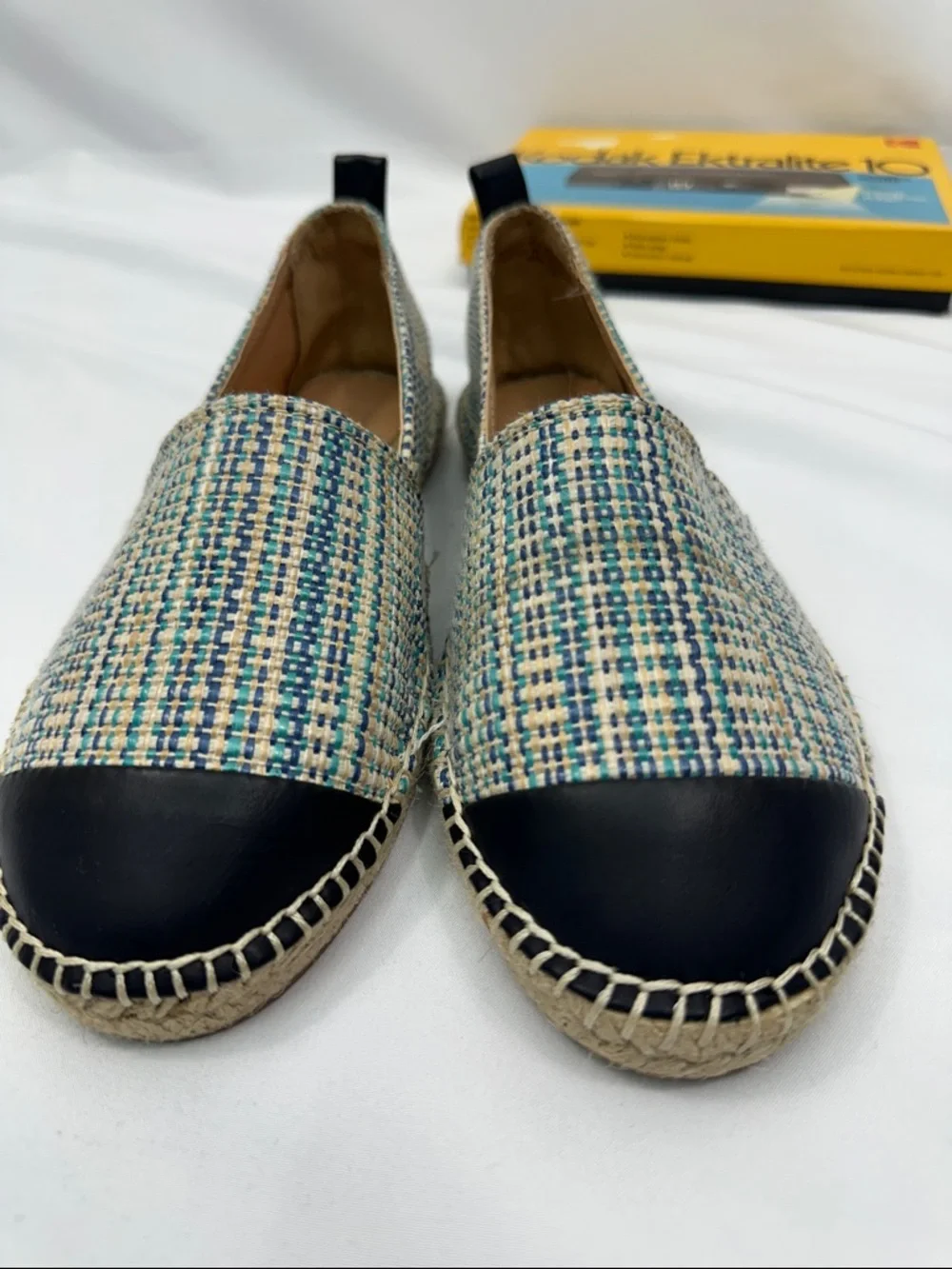 LOFT Ann Taylor Capote Espadrille Flats Navy Blue Multi Tweed Woven Cap Toe 7